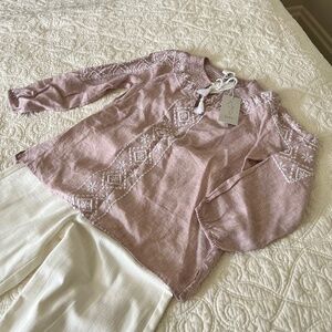 100% Linen Joie Light Pink Embroidered Long Sleeve Top